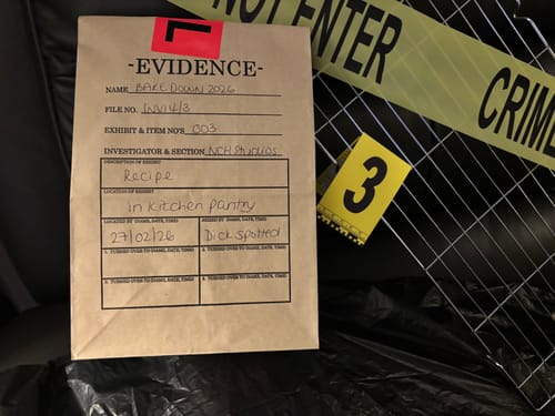 Close-up of a paper evidence bag from the Bake Off Themed Murder Mystery Game Kit, with crime scene tape in the background.