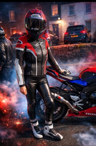Customer photo review of Roadskin® "Freya" Ladies' AA rated Leather Look Motorcycle Leggings