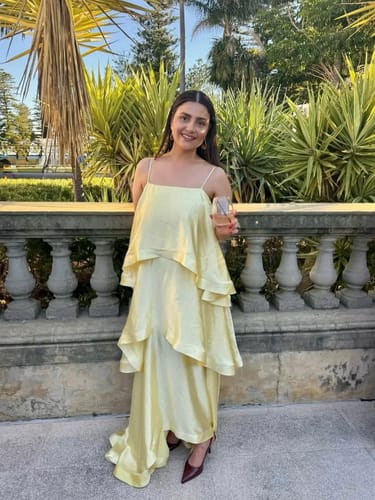 Customer photo review of Soft and Smooth Satin Tiered Slip Square Neck A-line Maxi Dress