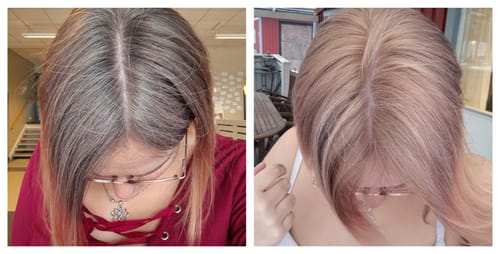 Customer's before-and-after view of dark roots lightened to a warm blonde using the Sunkissed Refill.