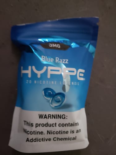 Customer's shiny blue pouch of HYPPE 3mg Blue Razz Nicotine Lozenges.