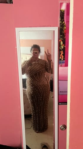 Reviewer's mirror selfie showing the full length of the brown Emiliana Rhinestone Pearl Maxi Dress.
