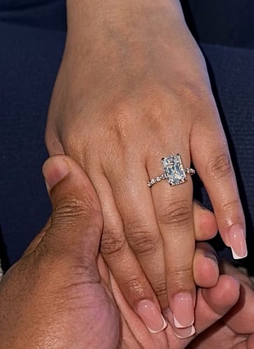 Customer photo review of Erica 4 Carat Radiant With Side Stones and Hidden Halo Moissanite Engagement Ring in 14k White Gold