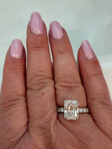 Customer photo review of Darcy 3.5 Carat Radiant Cut Hidden Halo Moissanite Engagement Ring in 18k White Gold