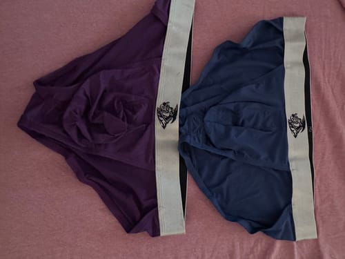 Reviewer's side-by-side comparison of purple and blue Nylon Mesh Bikini Briefs laid flat.