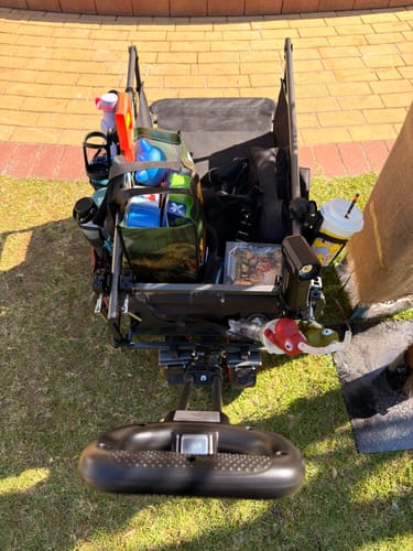 Reviewer's black hybrid wagon loaded with gear and drinks, seen from above on a patio.