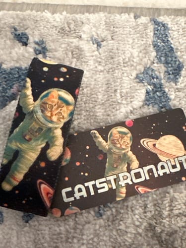 Customer's two 'Catstronaut' items from the Beyond The Stars collection, showing a cat in an astronaut suit.