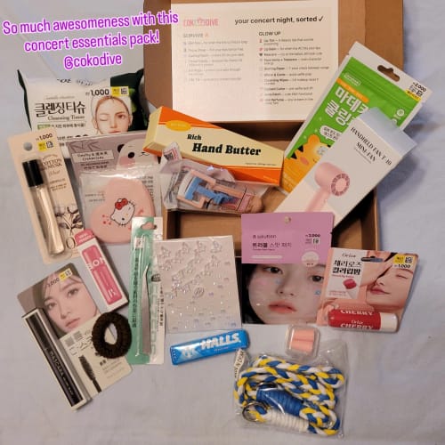 Reviewer's K-POP CONCERT ESSENTIAL KIT with various items like makeup, a fan, and accessories displayed.