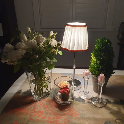 Customer photo review of Red Stripe Scallop Shade & Gold Base - USB Table Lamp