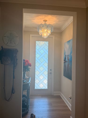 Customer photo review of Glam Blue Iridescent Swirl Glass Round Tiered Chandelier