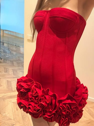 Customer photo review of Women Sexy Strapless Backless Flower Embellished Mini Bandage Dress Bodycon Celebrity Party Cocktail Evening Party Club Dresses