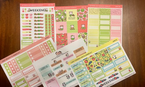 Customer displays several colorful planner sticker kits they received in their Oopsie Mystery Bag.
