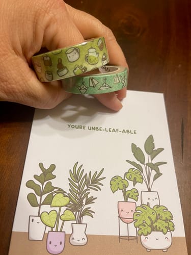 Reviewer holding two rolls of green washi tape and a cute plant-themed card from their Oopsie Mystery Bag.