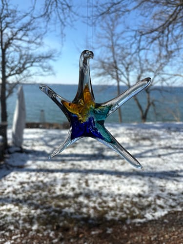 Reviewer's colorful glass starfish suncatcher hanging in a window overlooking a snowy lake.