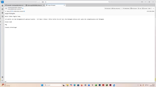 Screenshot des Rezensenten von einer E-Mail, in der die Rückgabe des Darmflora Komplex beantragt wird.