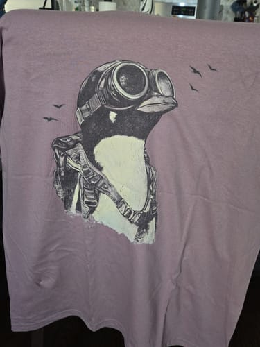 Customer's mauve 'Dream Beyond Limitations' t-shirt, showing the graphic of a penguin in aviator goggles.