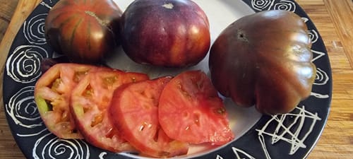 Ein Kunde zeigt dunkle, saftige Tomaten aus dem Tomaten Trio von Julian, ganz und aufgeschnitten auf einem Teller.