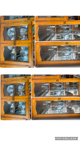 Customer's before-and-after collage of a glass cabinet, showing a dusty surface made sparkling clean with the KoalaCloth.