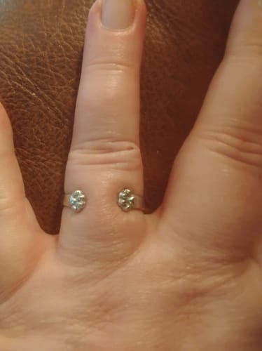 Close-up of a customer wearing the adjustable Paw Hug Ring, with the two paw prints wrapping around their finger.