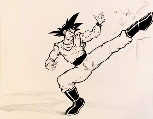 Customer's ink sketch of a character in a high-kicking pose, drawn using the Stickybones figure for reference.