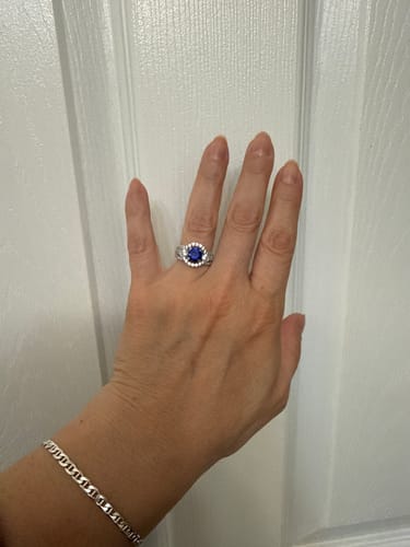 Customer photo review of 3-Stone Woven Halo Sapphire-Blue CZ Ring in Sterling Silver