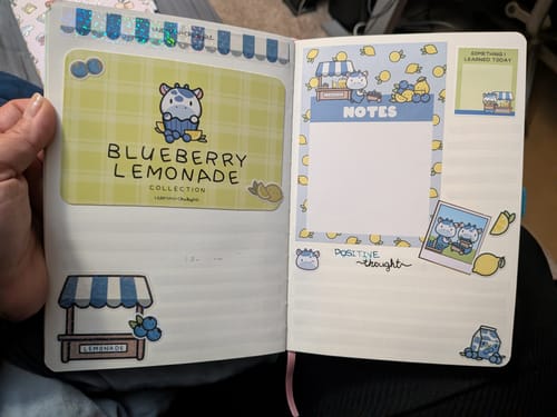 Customer's journal featuring a large 'Blueberry Lemonade' collection sticker and a functional 'Notes' sticker.