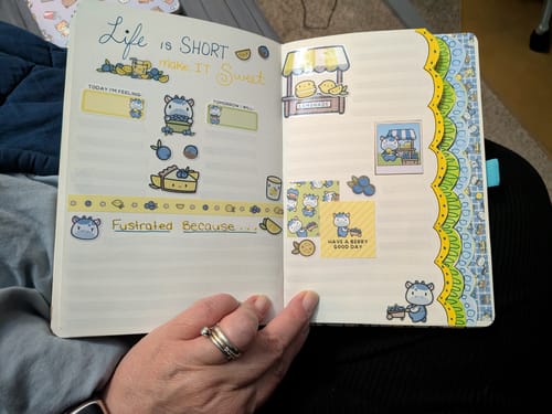 Reviewer's journal layout featuring various stickers from the Blueberry Lemonade set, including a lemonade stand.