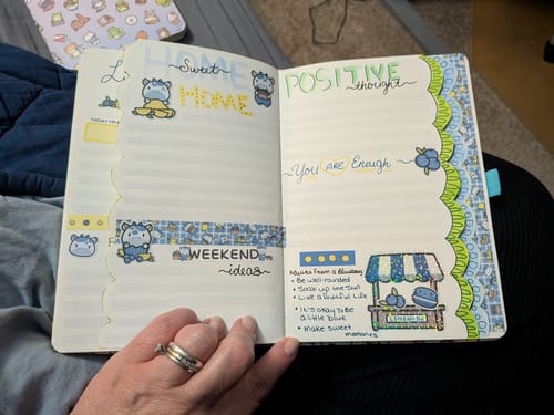 Customer's journal spread using Blueberry Lemonade stickers with handwritten 'Positive thoughts' and a lemonade stand.