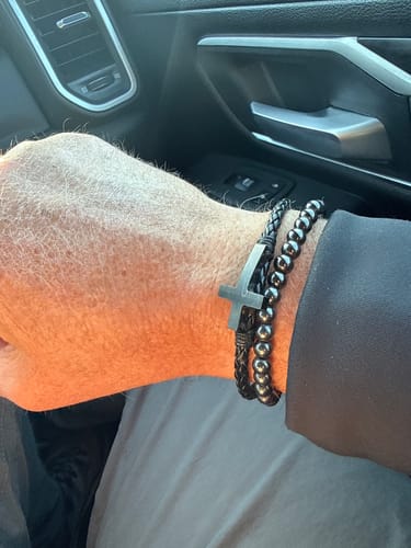 Customer photo review of FIDES Cross Leather & Magnetic Titanium Bead Bracelet: Helps Pair Veterans With A Service Dog Or Shelter Dog