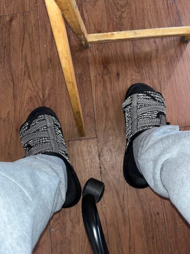 Customer's view of the patterned Reflective DracoSlides being worn with thick socks.