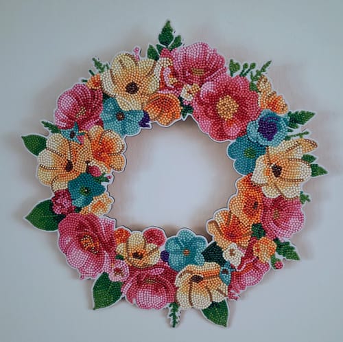 Reviewer's completed Spring Bright Crystal Art Wreath, a vibrant floral design made of sparkling, colorful crystals.