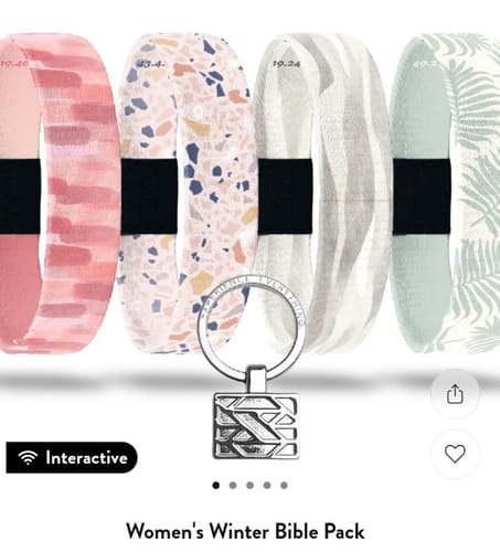 Customer's product image of the Women's Winter Bible Pack, showing four patterned bracelets and the silver keychain adapter.