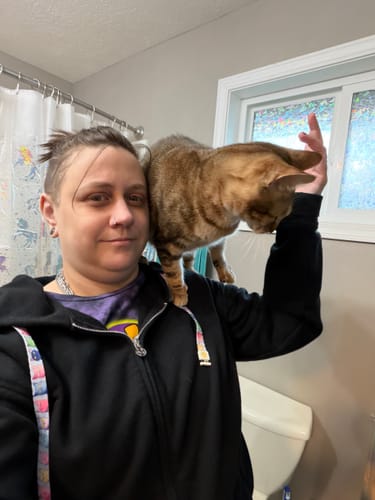 Reviewer wearing the comfy Carbon Black StringSwap Zip Hoodie with a cat perched on their shoulder.