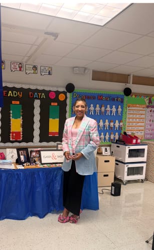 Customer photo review of Pink & Green Plaid Denim Blazer