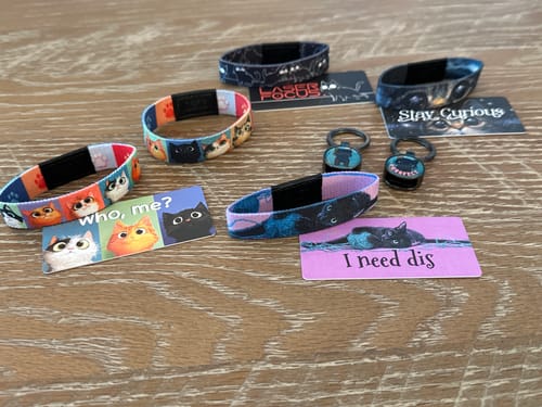 Customer's Cat Pack showing all four colorful bracelets and their matching collector cards displayed on a wooden surface.