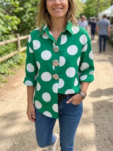Reviewer wearing the green polka-dot blouse with oversized buttons, styled casually with jeans outdoors.