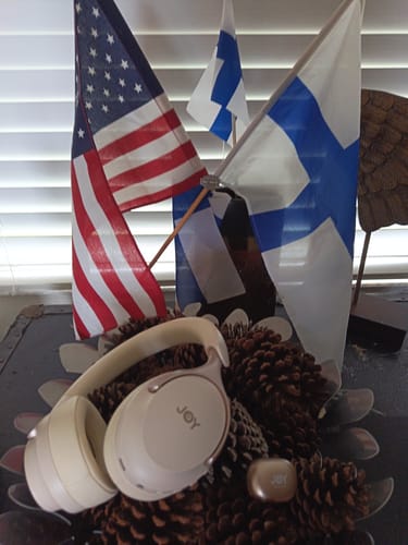 Reviewer's light-colored SoundMate3® headphones and earbud case displayed on pinecones before several small flags.