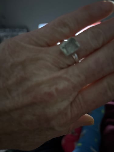 Close-up of a reviewer's hand wearing the simple Green Amethyst Gemstone Ring.