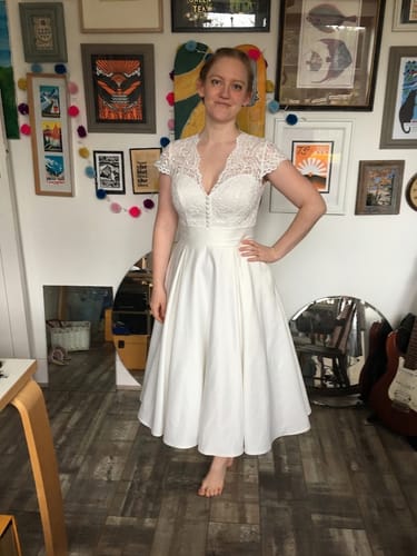 Customer photo review of Lace A Line Cap Sleeve Tea Length Wedding Dress With Pockets