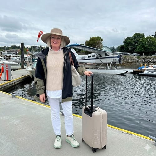 Customer wearing their light green Ortho Balance shoes while standing on a dock with a suitcase.