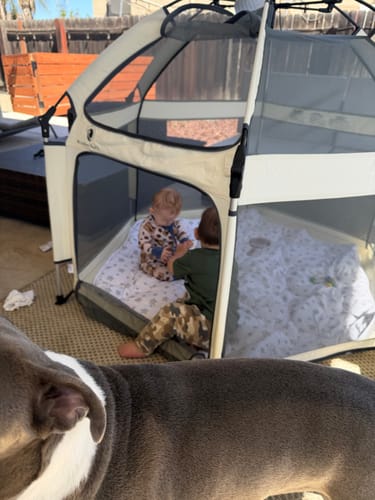 Customer's Pop 'N Go Playpen set up on an outdoor patio with two children playing inside.
