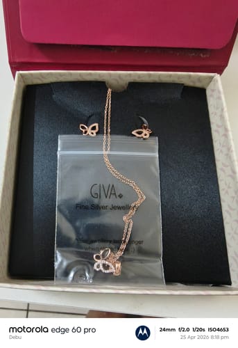 Customer's Rose Gold Studded Butterfly Set, showing the necklace and matching earrings in the presentation box.