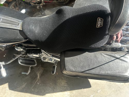 Customer's black mesh Wind Rider Seat Cover installed on a Harley Street Glide motorcycle.