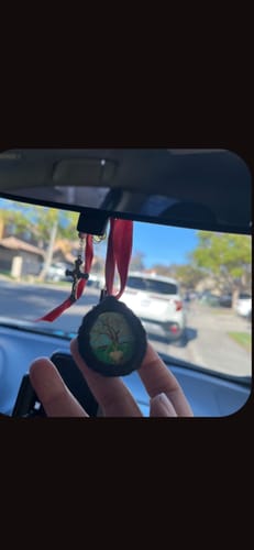 Reviewer holds their Tree of Life NA recovery medallion hanging from a car's rearview mirror.