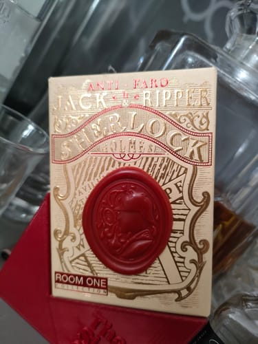 Customer's view of the Jack the Ripper & Sherlock Holmes playing cards box, showing its intricate red wax seal.