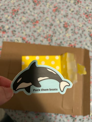 Reviewer holding the 'F*ck Them Boats' orca sticker in front of its packaging.