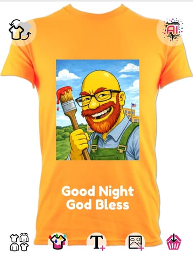 Customer's orange unisex t-shirt with a graphic of a cartoon man and text 'Good Night God Bless'.