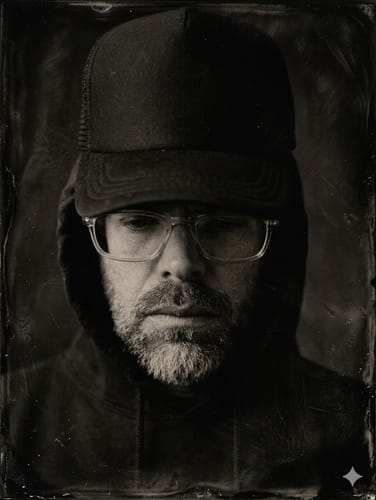 Reviewer in a stylized close-up wearing the black Big Foam Trucker Hat over a hoodie.