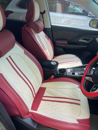 Customer photo review of 2pcs Beige & Red Prestige Car Seat Covers / Waterproof