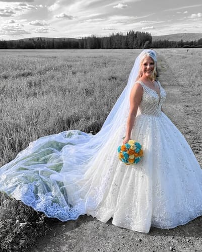 Customer photo review of Sequin Tulle Scoop Ball Gown Wedding Dress With Lace Appliques
